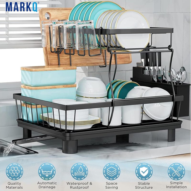 MARKQ Kitchen Dish Drying Rack | Detachable 2-Tier Dish Drainer Organizer with Drain Board & Utensil Holder — Heavy-Duty Kitchen Countertop Dish Rack for Plates, Bowls & Cups - Image 3