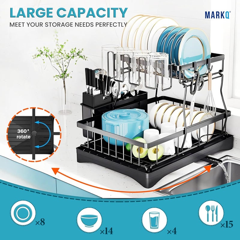 MARKQ Kitchen Dish Drying Rack | Detachable 2-Tier Dish Drainer Organizer with Drain Board & Utensil Holder — Heavy-Duty Kitchen Countertop Dish Rack for Plates, Bowls & Cups - Image 2