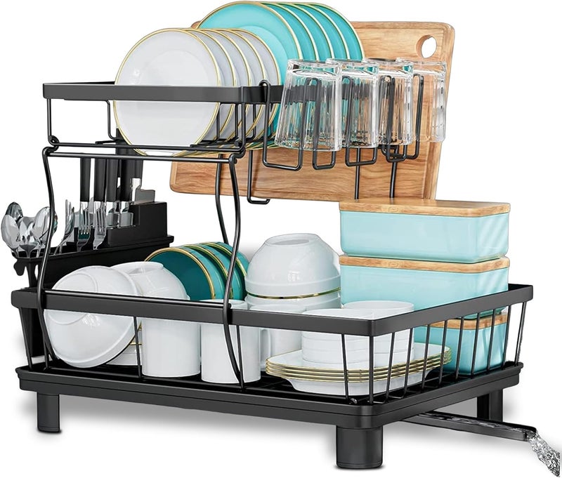 MARKQ Kitchen Dish Drying Rack | Detachable 2-Tier Dish Drainer Organizer with Drain Board & Utensil Holder — Heavy-Duty Kitchen Countertop Dish Rack for Plates, Bowls & Cups - Image 1
