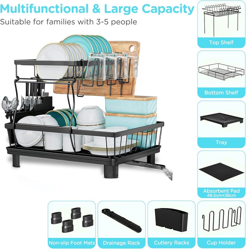 MARKQ Kitchen Dish Drying Rack | Detachable 2-Tier Dish Drainer Organizer with Drain Board & Utensil Holder — Heavy-Duty Kitchen Countertop Dish Rack for Plates, Bowls & Cups - Image 5