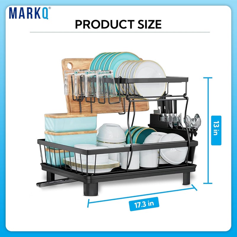 MARKQ Kitchen Dish Drying Rack | Detachable 2-Tier Dish Drainer Organizer with Drain Board & Utensil Holder — Heavy-Duty Kitchen Countertop Dish Rack for Plates, Bowls & Cups - Image 4
