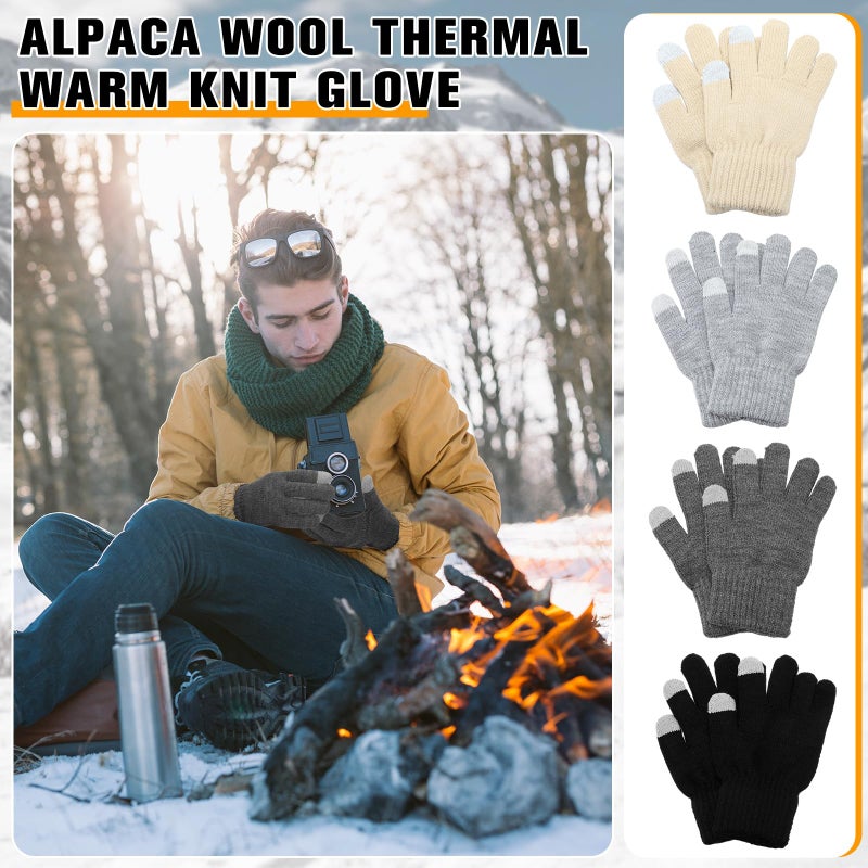 Berlune 4 Pairs Alpaca Wool Gloves Thermal Winter Warm Touch Screen Knitted Gloves Working Running Biking Driving for Men and Women (Black,Dark Gray,Light Gray,Beige) - Image 5