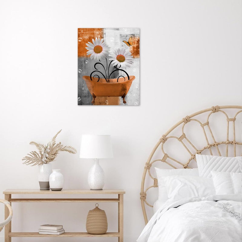 HVEST Farmhouse Orange Floral Wall Art for Living Room Daisy Flower in Bathtub and Butterfly Pictures Wall Decor Grey and White Abstract Geometric Canvas Wall Art for Bathroom Decor,16L X 12W inches - Image 5