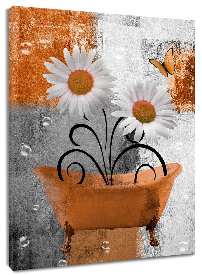 HVEST Farmhouse Orange Floral Wall Art for Living Room Daisy Flower in Bathtub and Butterfly Pictures Wall Decor Grey and White Abstract Geometric Canvas Wall Art for Bathroom Decor,16L X 12W inches - Image 1