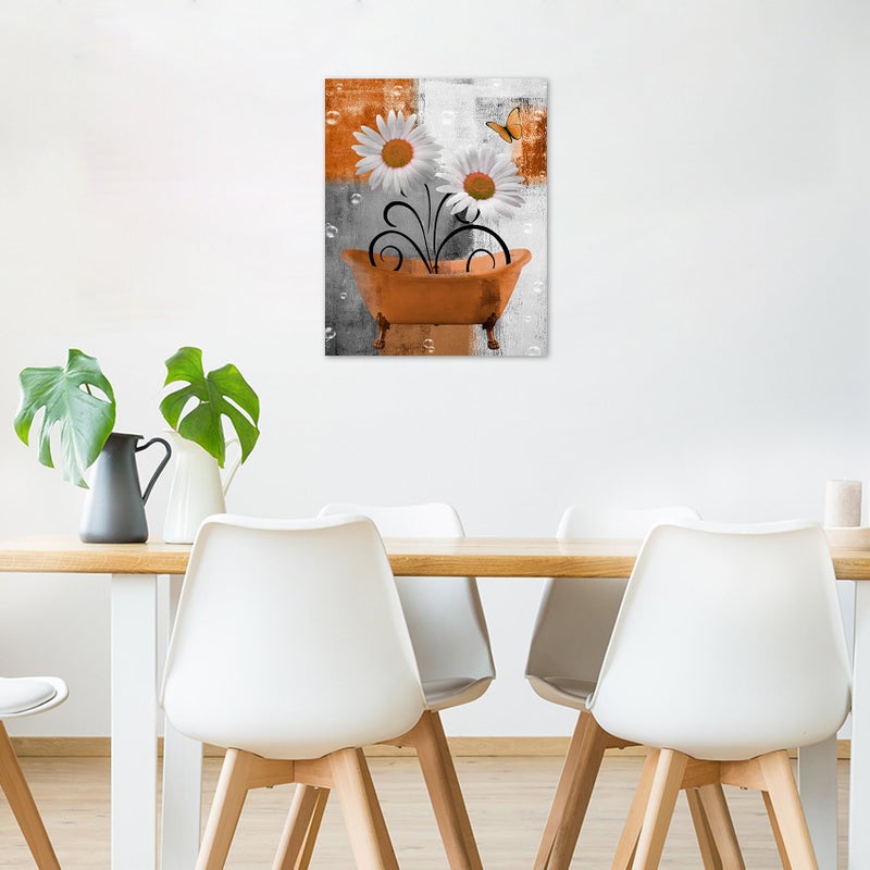 HVEST Farmhouse Orange Floral Wall Art for Living Room Daisy Flower in Bathtub and Butterfly Pictures Wall Decor Grey and White Abstract Geometric Canvas Wall Art for Bathroom Decor,16L X 12W inches - Image 3