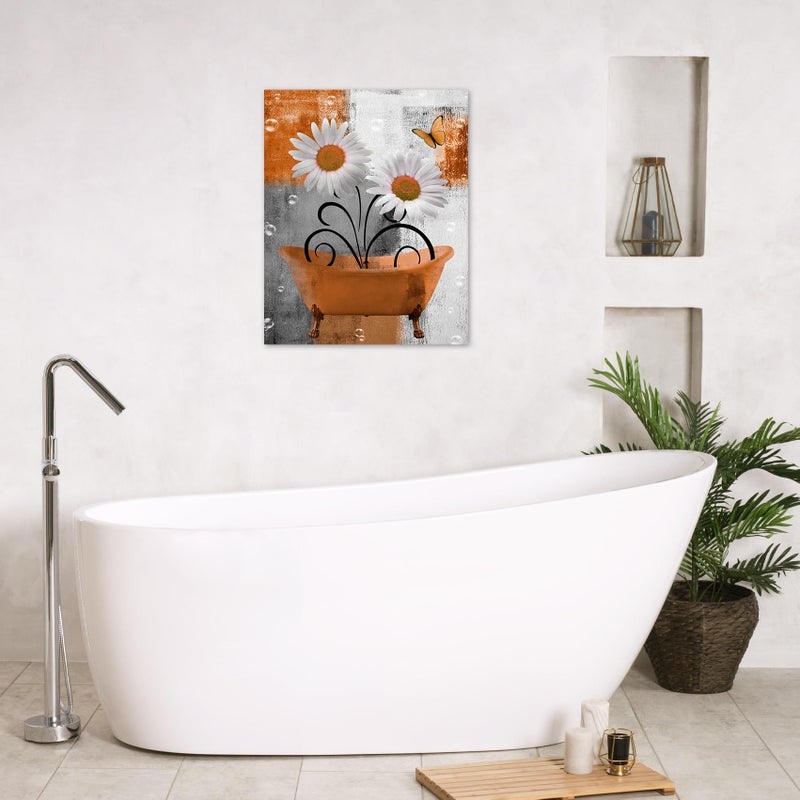 HVEST Farmhouse Orange Floral Wall Art for Living Room Daisy Flower in Bathtub and Butterfly Pictures Wall Decor Grey and White Abstract Geometric Canvas Wall Art for Bathroom Decor,16L X 12W inches - Image 2