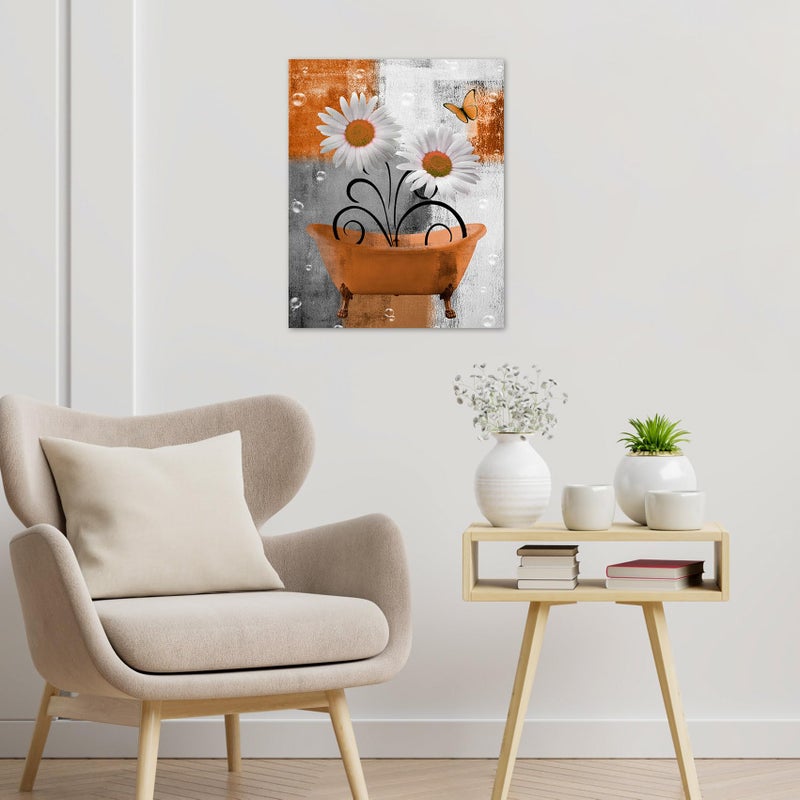 HVEST Farmhouse Orange Floral Wall Art for Living Room Daisy Flower in Bathtub and Butterfly Pictures Wall Decor Grey and White Abstract Geometric Canvas Wall Art for Bathroom Decor,16L X 12W inches - Image 4