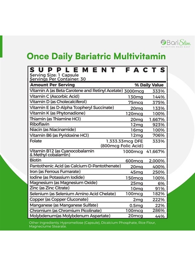 Bari Slim كبسولة متعددة الفيتامينات للعمليات الجراحية للسمنة - 45 ملغ من الحديد - فيتامين ومكمل غذائي بعد جراحة السمنة بما في ذلك تحويل مسار المعدة وعمليات تكميم المعدة | 30 حصة - Image 2