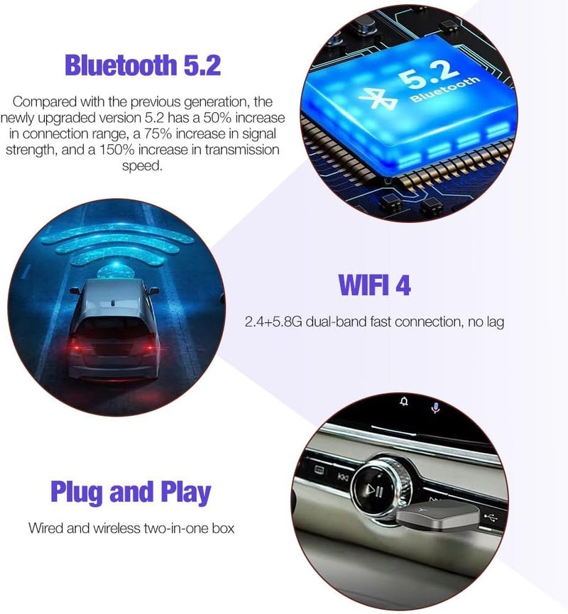 محول Carplay اللاسلكي، محول سيارة أندرويد اللاسلكي ومحول ألعاب السيارة ثنائي الوظيفة، توصيل وتشغيل، محول سيارة أندرويد اللاسلكي، يدعم نظام iOS 10+ ونظام أندرويد 11+، مع اتصال ثابت - Image 4
