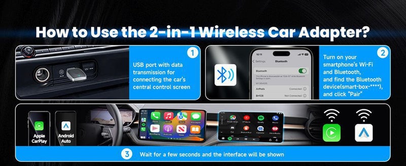 محول Carplay اللاسلكي، محول سيارة أندرويد اللاسلكي ومحول ألعاب السيارة ثنائي الوظيفة، توصيل وتشغيل، محول سيارة أندرويد اللاسلكي، يدعم نظام iOS 10+ ونظام أندرويد 11+، مع اتصال ثابت - Image 2