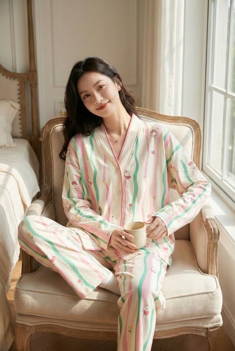 Celary Korean Style Women’s Night Suit|| Cute Printed Pajama Set with Long Sleeve Top & Pants|| Cotton Loungewear||Winter Night Dress|| Full Sleeves with Front Buttons - Image 2