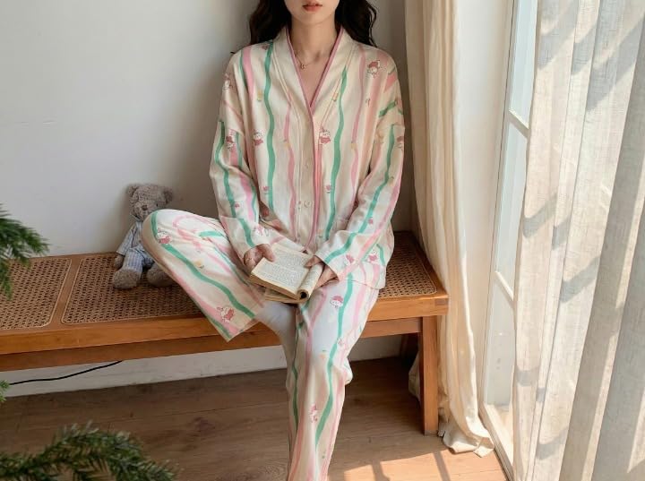 Celary Korean Style Women’s Night Suit|| Cute Printed Pajama Set with Long Sleeve Top & Pants|| Cotton Loungewear||Winter Night Dress|| Full Sleeves with Front Buttons - Image 4
