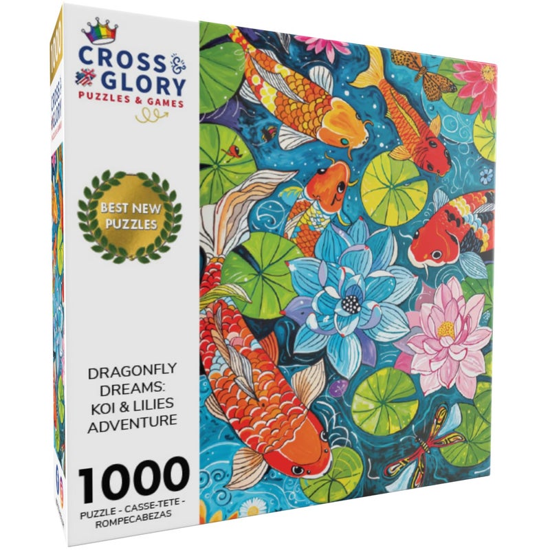 Cross & Glory - Dragonfly Dreams: Koi & Lilies Adventure - 1000 Piece Jigsaw Puzzle for Adults | Unique Nature-Themed | Vibrant Art - Image 2