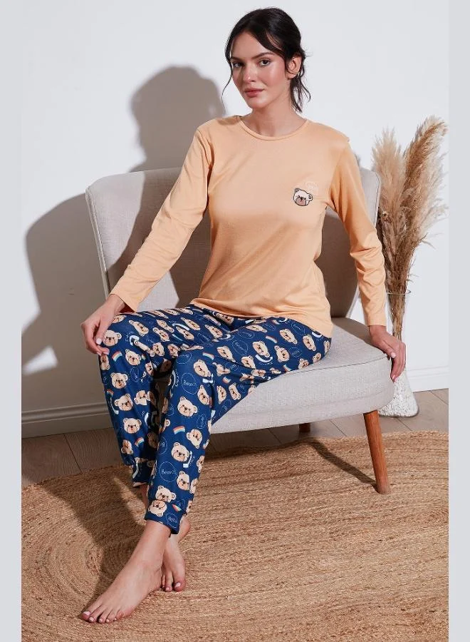 ليلا طقم بيجامة نسائي ليلا بقصة عادية وخصر مطاطي ورقبة دائرية