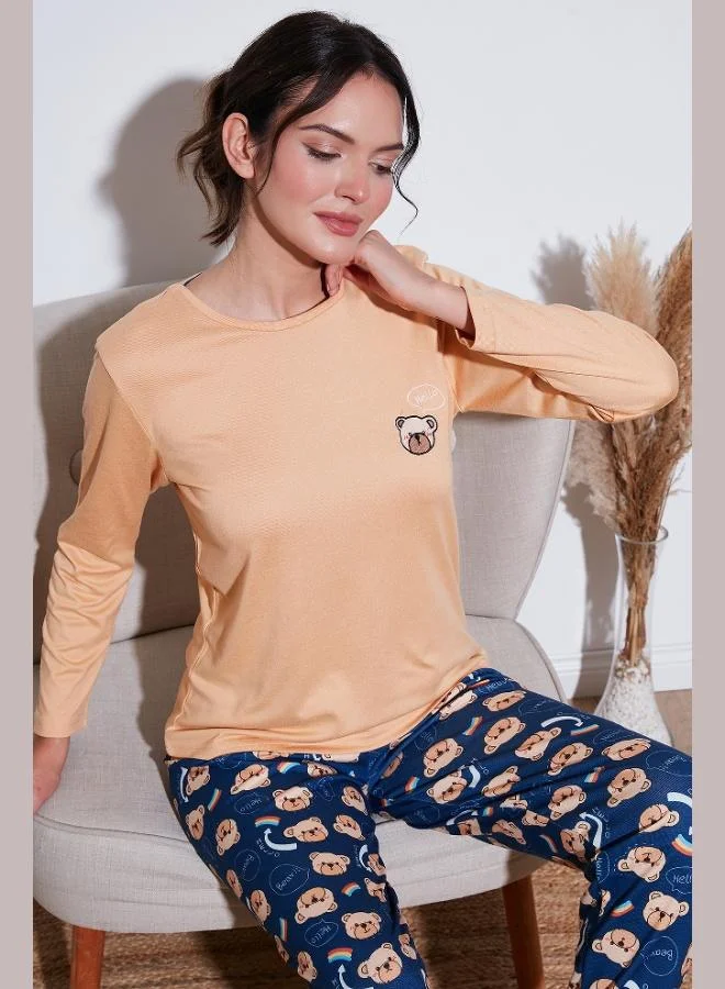 ليلا طقم بيجامة نسائي ليلا بقصة عادية وخصر مطاطي ورقبة دائرية