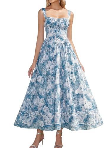HTZMO Floral Summer Wedding Guest Party Long Dress Square Neck A Line Casual Vacation Milkmaid Maxi Sundress for Women BlueFloral M - Image 1