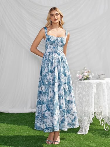 HTZMO Floral Summer Wedding Guest Party Long Dress Square Neck A Line Casual Vacation Milkmaid Maxi Sundress for Women BlueFloral M - Image 2