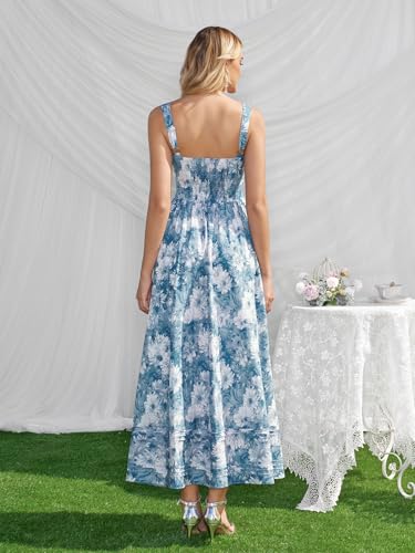 HTZMO Floral Summer Wedding Guest Party Long Dress Square Neck A Line Casual Vacation Milkmaid Maxi Sundress for Women BlueFloral M - Image 4