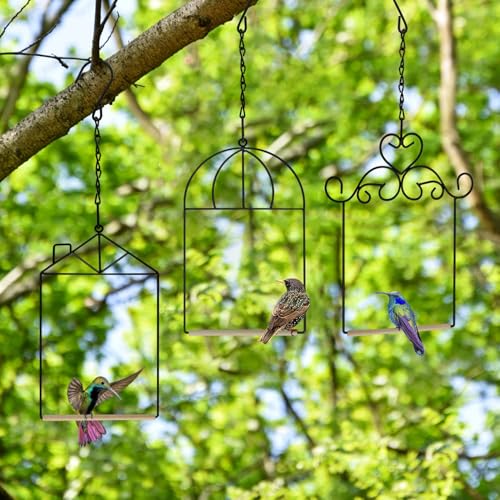 XYADX Metal Frame Hummingbird Swings and Perches with Wooden Dowel Black Bird Swing Outdoor Bird Perch Humming Bird Swing (3PK Different) - Image 5