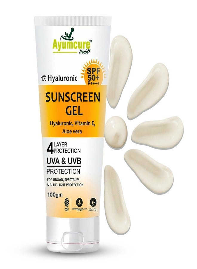 Ayumcure 1% Hyaluronic Sunscreen Aqua Gel 100 gm SPF 50 PA++++ | With Vitamin E & Aloe Vera | Ultra-Lightweight, Non-Greasy, No White Cast | Broad Spectrum UVA/UVB & Blue Light Protection | Dry & Oily Skin - Image 1