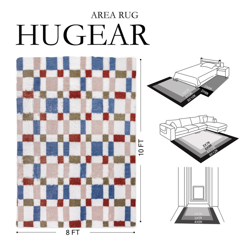 HUGEAR 8x10 Checkered Rug Coloful Living Room Modern Shag Rug Super Soft Washable Indoor Fuzzy Carpet Fluffy Vacuumable Rainbow Area Rugs for Bedroom Home Decor Non Slip - Image 2