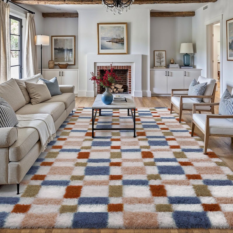 HUGEAR 8x10 Checkered Rug Coloful Living Room Modern Shag Rug Super Soft Washable Indoor Fuzzy Carpet Fluffy Vacuumable Rainbow Area Rugs for Bedroom Home Decor Non Slip - Image 3