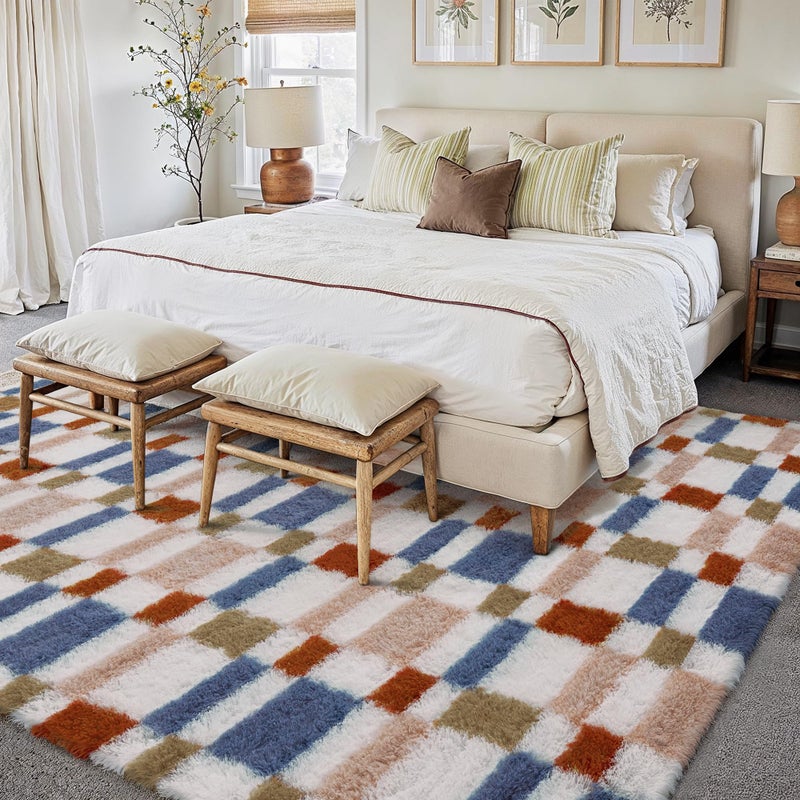 HUGEAR 8x10 Checkered Rug Coloful Living Room Modern Shag Rug Super Soft Washable Indoor Fuzzy Carpet Fluffy Vacuumable Rainbow Area Rugs for Bedroom Home Decor Non Slip - Image 4