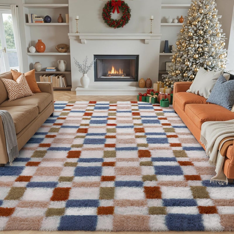 HUGEAR 8x10 Checkered Rug Coloful Living Room Modern Shag Rug Super Soft Washable Indoor Fuzzy Carpet Fluffy Vacuumable Rainbow Area Rugs for Bedroom Home Decor Non Slip - Image 1