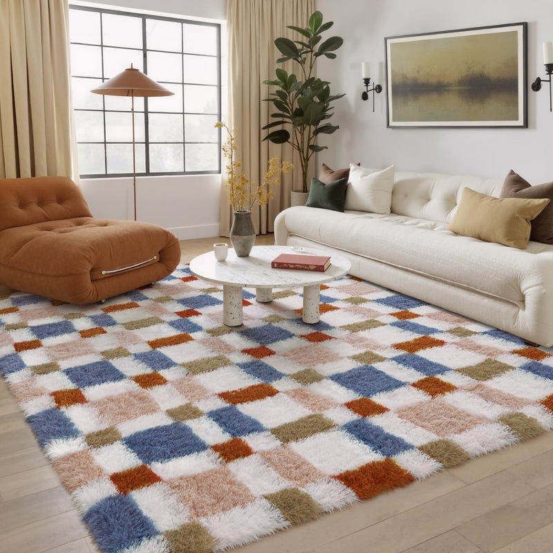 HUGEAR 8x10 Checkered Rug Coloful Living Room Modern Shag Rug Super Soft Washable Indoor Fuzzy Carpet Fluffy Vacuumable Rainbow Area Rugs for Bedroom Home Decor Non Slip - Image 5