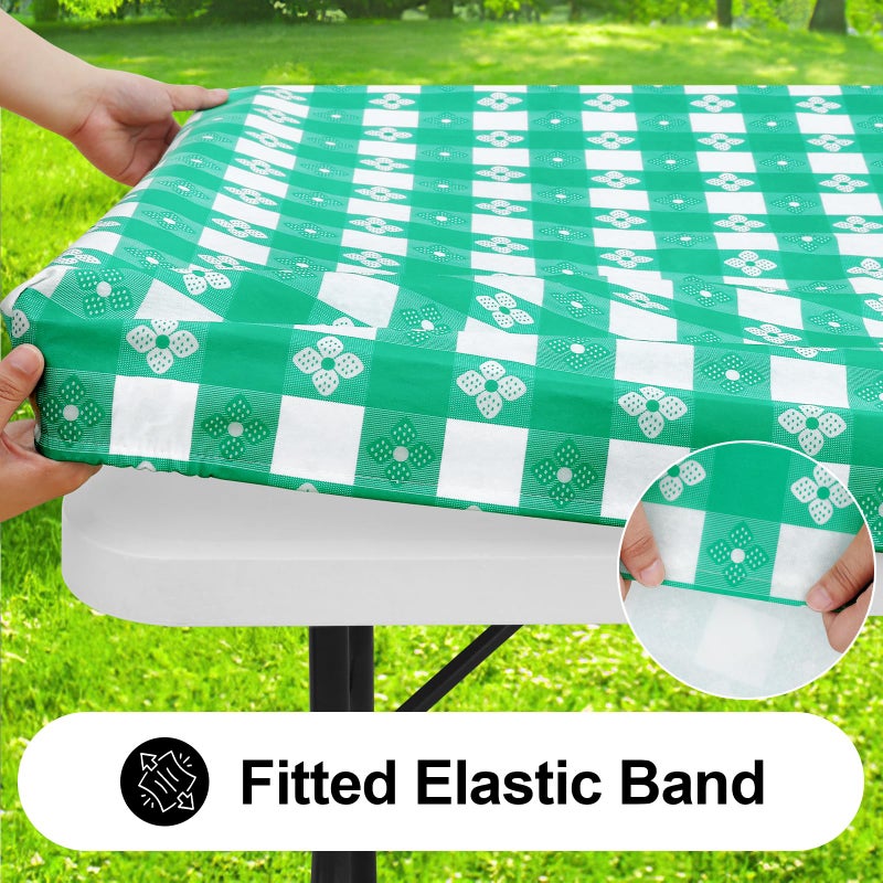 Spotjoy Rectangle Vinyl Table Cloth  Waterproof Elastic Fitted Tablecloth with Flannel Backing  Plastic Table Cover for Picnic  Camping  Outdoor (White & Green  30""x48"") - Image 2