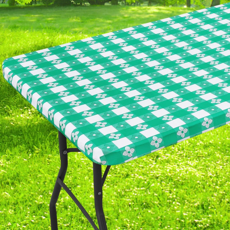 Spotjoy Rectangle Vinyl Table Cloth  Waterproof Elastic Fitted Tablecloth with Flannel Backing  Plastic Table Cover for Picnic  Camping  Outdoor (White & Green  30""x48"") - Image 1