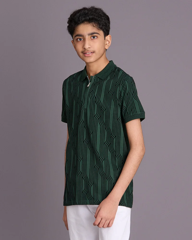Redtag Senior Boys Green Printed Polo Shirt