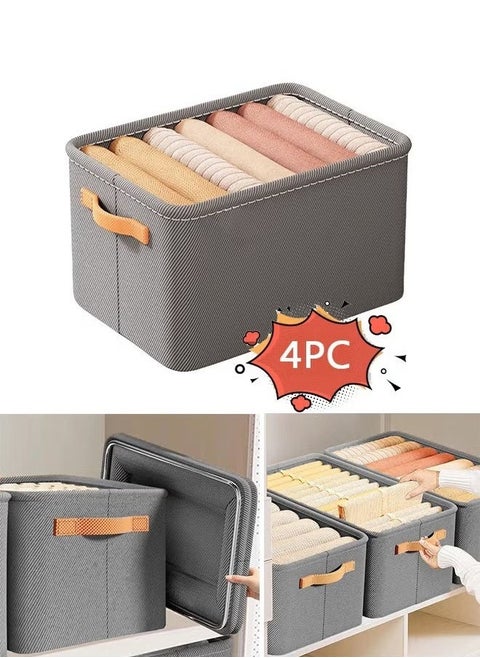 4PCS Foldable Closet Storage Box with Handle, Collapsible Fabric Storage Cubes Organizer, Stackable Storage Bins Closet Organizers For Organizing Clothing, Sheets, Toys, Books (Grey)