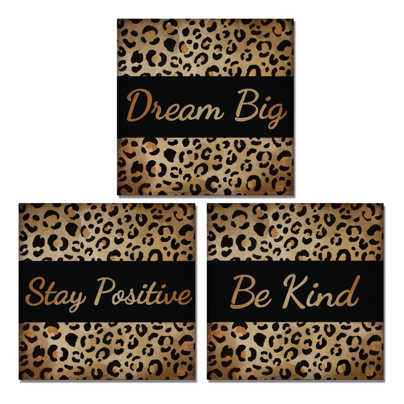 Derkymo 3 Pieces Fashion Leopard Print Pictures Motivational Canvas Art Modern Giclee Artwork for Home Office Framed Ready to Hang - Image 1