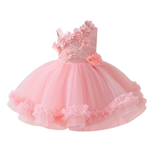 IMEKIS Flower Girls Dresses Toddler Tiered Tulle Asymmetric Shoulder Kids Fairy 1st 2nd Birthday Outfit Photoshoot Baby Formal Wedding Guest Tea Party Spring Pageant Easter Pink 912 Months - Image 1
