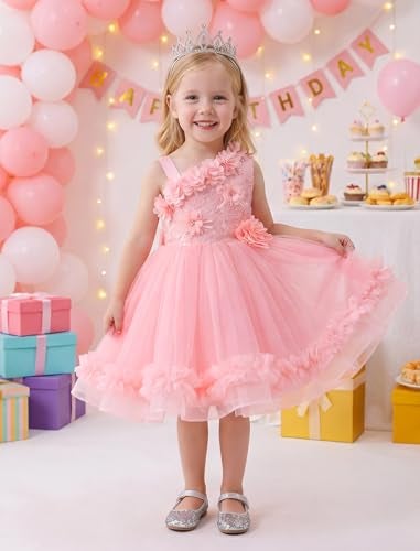 IMEKIS Flower Girls Dresses Toddler Tiered Tulle Asymmetric Shoulder Kids Fairy 1st 2nd Birthday Outfit Photoshoot Baby Formal Wedding Guest Tea Party Spring Pageant Easter Pink 912 Months - Image 3