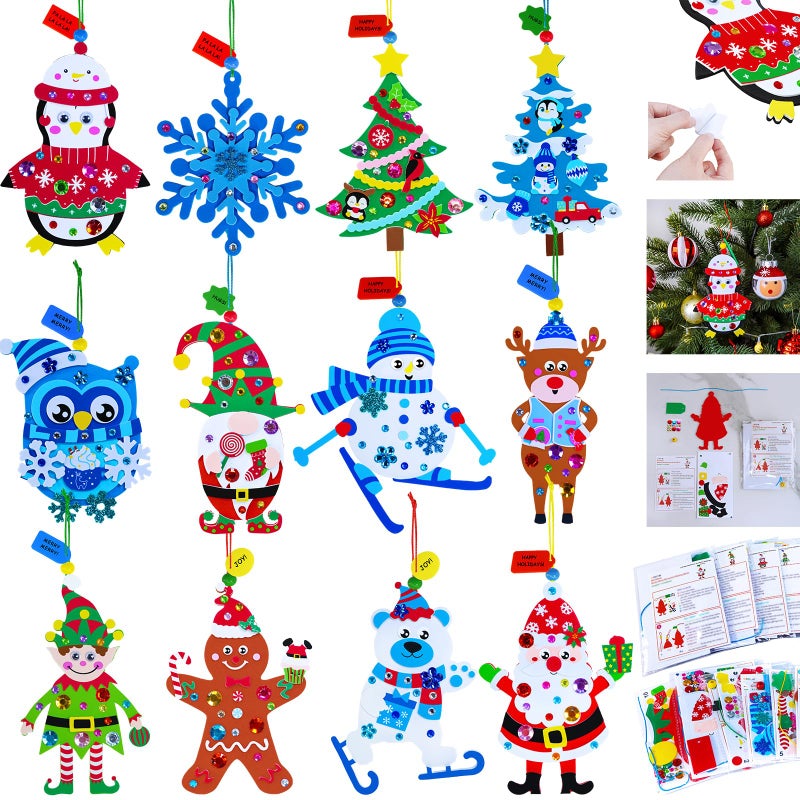 Winlyn 24 Sets Holiday Decorations DIY Christmas Tree Ornaments Winter Crafts Kits Foam Snowflake Penguin Snowman Foam Stickers for Kids Holiday Seasonal Gift Home Classroom Activities Party Favors - Image 3