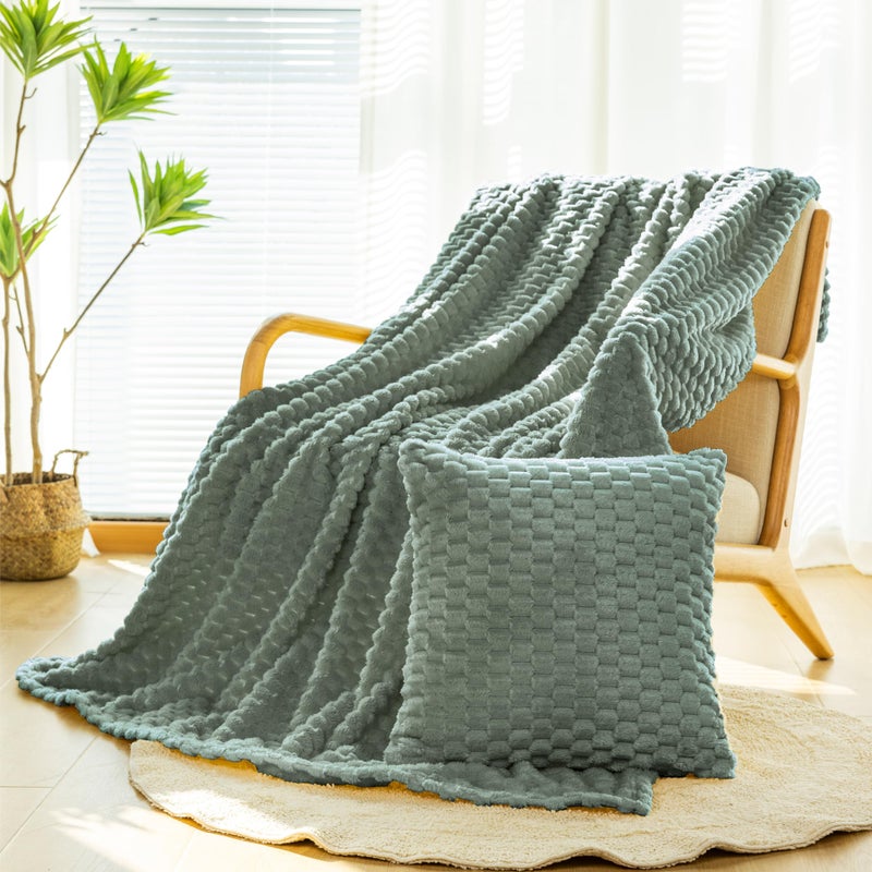 Bnuitland Bnuitland Sage Green Flannel throw blanket (50X71 inches) with Pillow Cover(18X18 inches)  300 GSM Cozy Warm Soft Fleece home decor Lightweight Bed Sofa Blanket for Adults  Suitable for All Seasons.  - Image 1