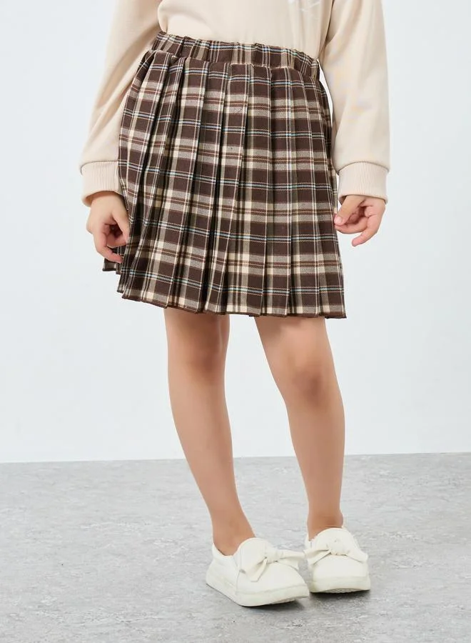Styli Styli Girls Beige Long Sleeve Top and Checked Skirt Set