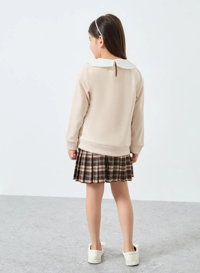 Styli Styli Girls Beige Long Sleeve Top and Checked Skirt Set
