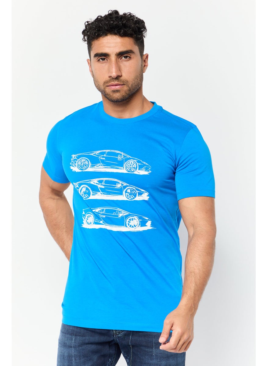 LAMBORGHINI - Men Crew Neck Short Sleeves Brand Logo T-Shirt, Blue - Image 1
