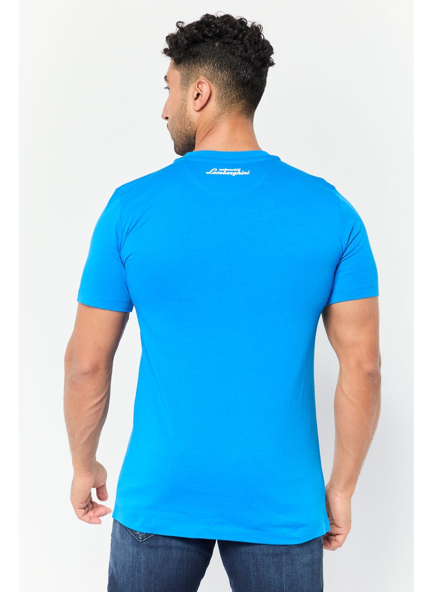 LAMBORGHINI - Men Crew Neck Short Sleeves Brand Logo T-Shirt, Blue - Image 1