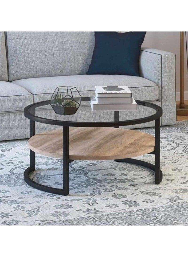 إكسبرت ”طاولة قهوة مستديرة بتصميم عصري مع سطح زجاجي وإطار معدني أسود ومستوى تخزين خشبي.“ - Image 3