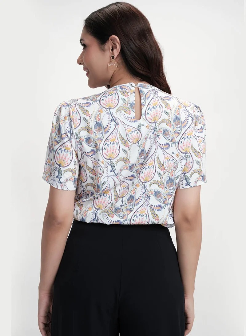 Zigzag Neck Detailed With A Band Chiffon Printed White Top