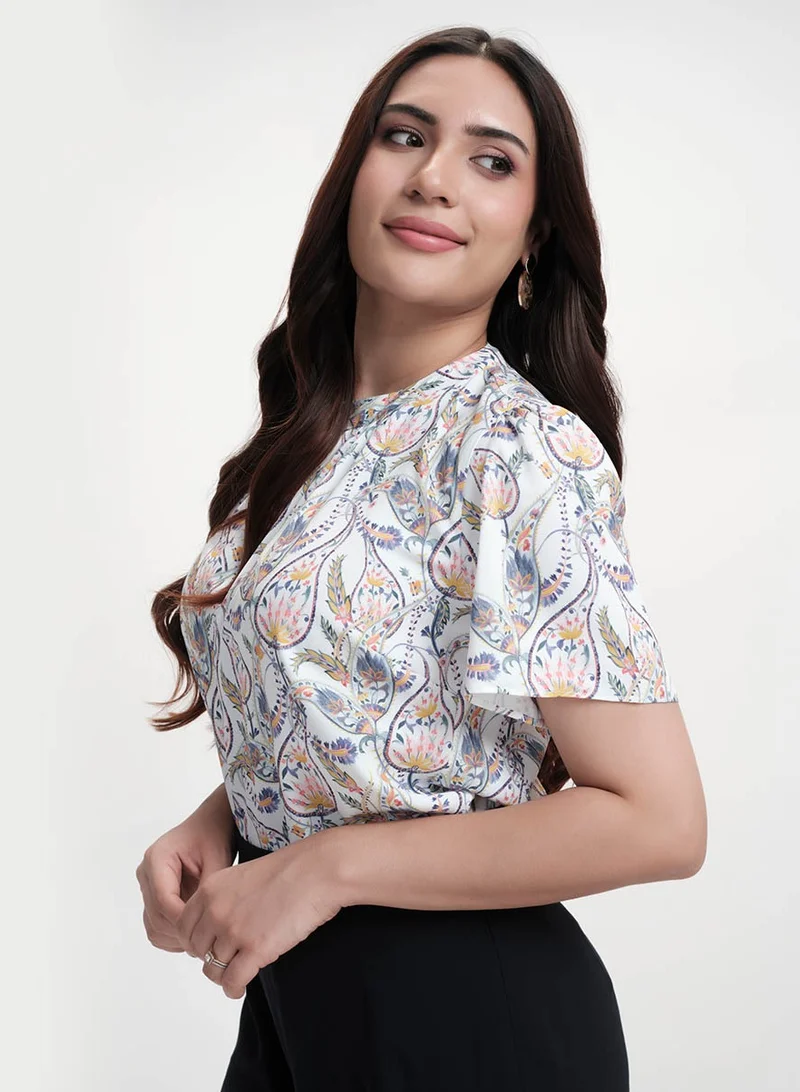 Zigzag Neck Detailed With A Band Chiffon Printed White Top