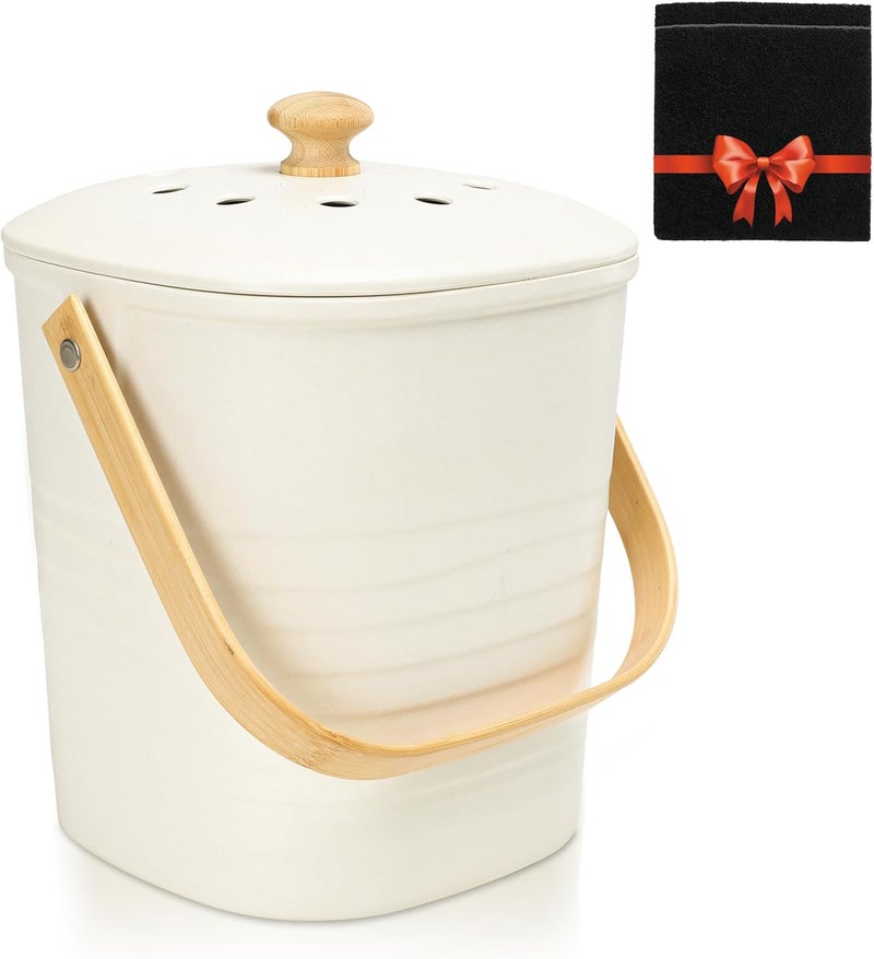 Vipush Bamboo Fiber Compost Bin with Lid Small Countertop Compost Bin Includes Charcoal Filter, Beige - Image 1