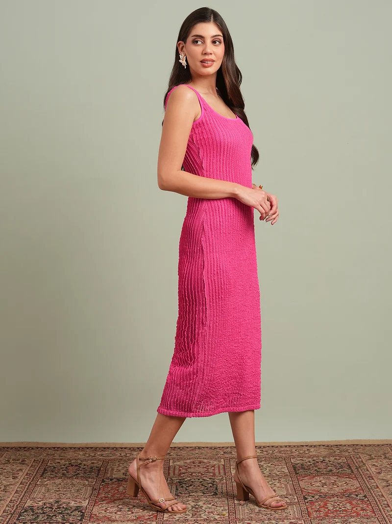 globus Women Pink Square Neck Lace Detail Back Slit Midi Bodycon Party Dress
