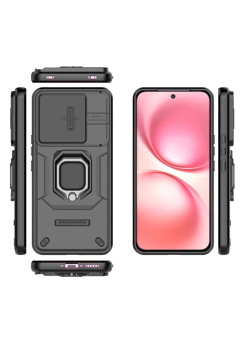 X-level Case Cover for VIVO V60 5G, Camouflage Military Grade Heavy Duty Shockproof Protection Case with Magnetic Bracket and Lens Slide Window Phone Cover (Black) - Image 3