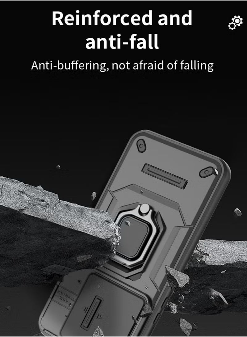 X-level Case Cover for VIVO V60 5G, Camouflage Military Grade Heavy Duty Shockproof Protection Case with Magnetic Bracket and Lens Slide Window Phone Cover (Black) - Image 5