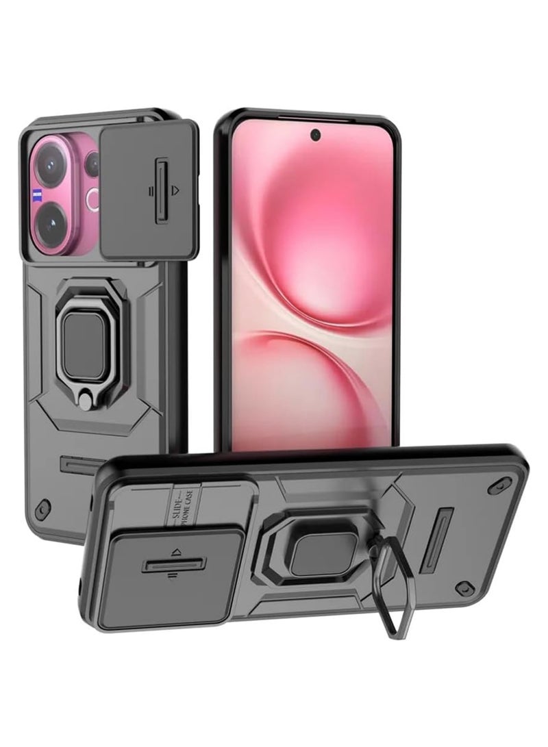 X-level Case Cover for VIVO V60 5G, Camouflage Military Grade Heavy Duty Shockproof Protection Case with Magnetic Bracket and Lens Slide Window Phone Cover (Black) - Image 1